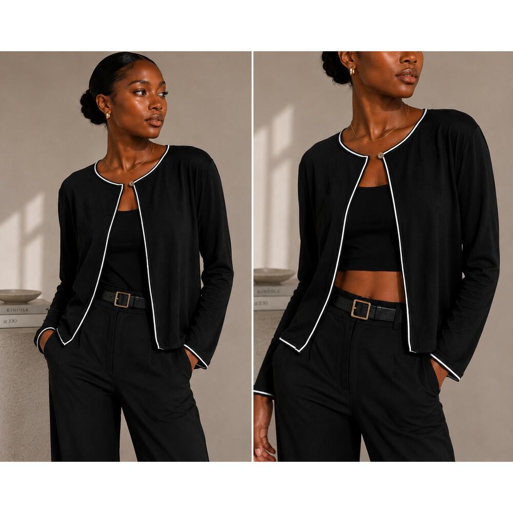 Talbots Black Contrast Trim Open Front Cardigan XL Minimalist Lightweight Career